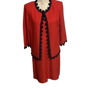 St. John Collection Red Knit Dress & Jacket Set Navy Trim – Dress 12 / Jacket 10